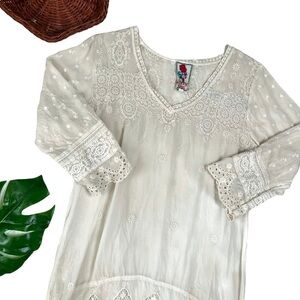 Johnny Was Boho Cream Ivory Lace Embroidered Eyelet Tunic 3/4 Sleeve Dress XS